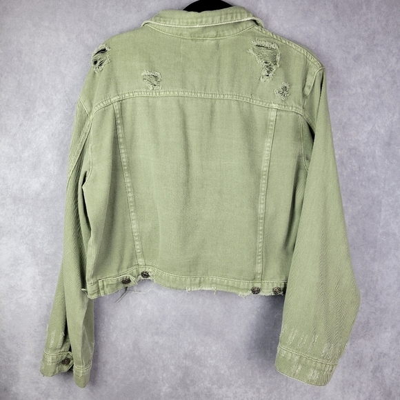 MUSTARD SEED Distressed Detail Cropped Denim Jacket with Chest Pockets Green M - Picture 2 of 12